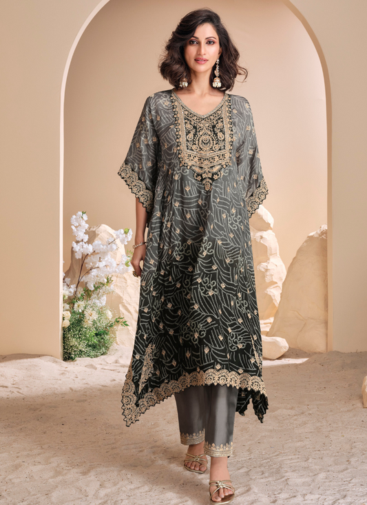 shop online Grey and Black Viscose Silk Kaftan with Tassels 