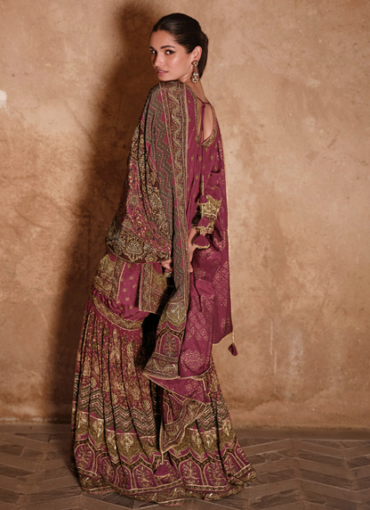 Designer Wine Crepe Silk Embroidered Sharara Suit with Dupatta for Pakistani Weddings and Indian Festivals