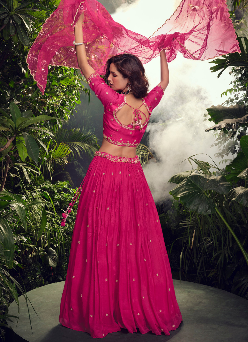 Hot Pink Chinnon Lehenga Choli with Net Dupatta for Pakistani Festival and Indian Wedding – Mirror and Zari Embroidery