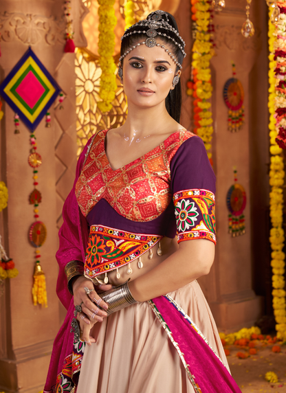 Beige Flared Chaniya Choli with Multi-Thread Embroidery & Pink Dupatta – Indian Pakistani Festival & Garba Night Wear