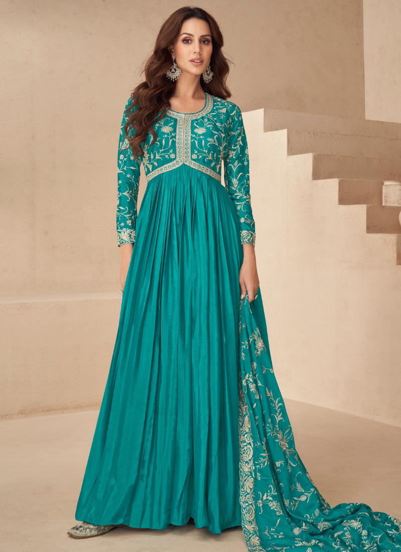 Teal Green Chinnon Silk Embroidery Anarkali Gown with Dupatta for Indian Festival and Pakistani Wedding - Thread Work