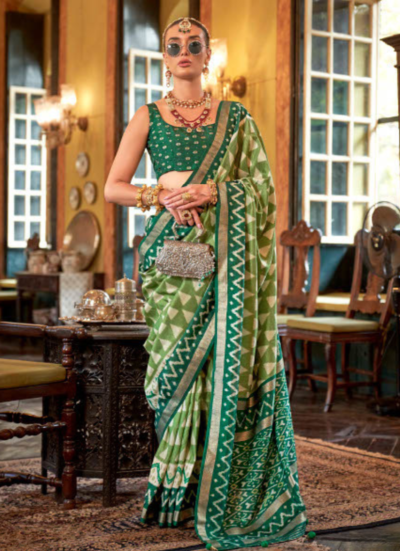 Green Patola Silk Pre-Stitched Saree – Ready to Wear for Indian Wedding & Pakistani Festival