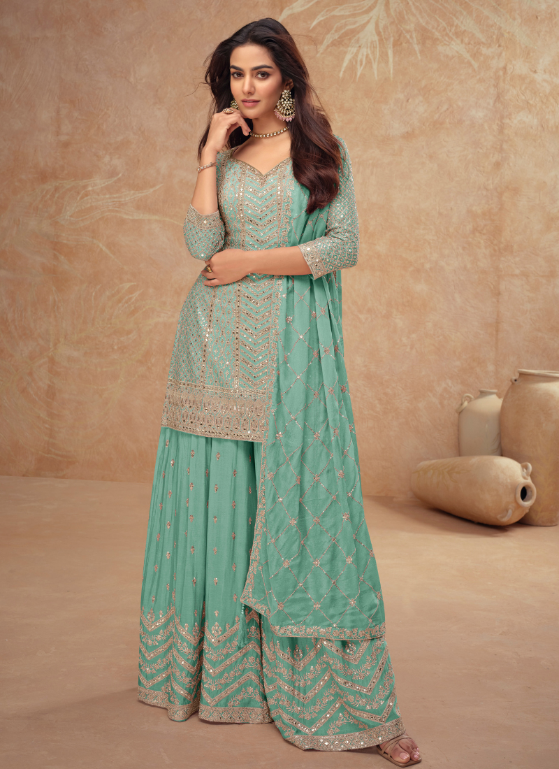 Designer Aqua Green Chinnon Sharara Suit with Dupatta for Pakistani Weddings and Indian Festivals – Embroidery Work