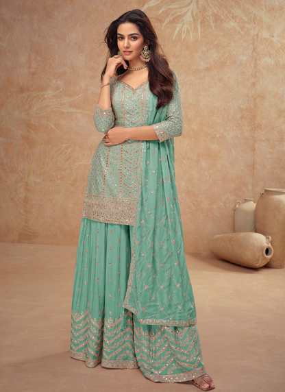 Designer Aqua Green Chinnon Sharara Suit with Dupatta for Pakistani Weddings and Indian Festivals – Embroidery Work