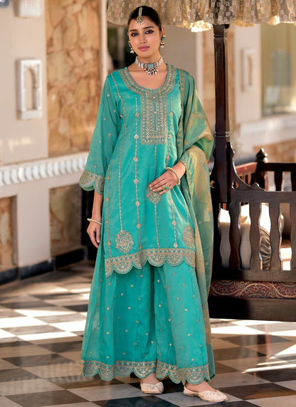 Aqua Blue Simar Embroidered Sharara Suit with Dupatta for Panjabi Weddings