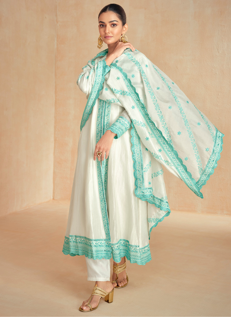 Off White Silk Anarkali Suit with Blue Embroidery and Dupatta for Indian Wedding and Pakistani Festival