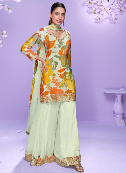 Orange & Green Floral Chinon Palazzo Suit with Dupatta for Indian Wedding and Pakistani Festival