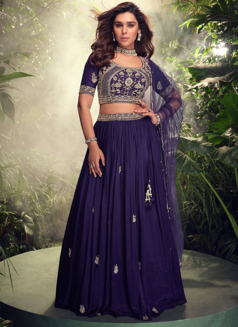 Purple Chinnon Lehenga Choli with Net Dupatta for Indian and Pakistani Wedding – Zari and Thread Embroidery