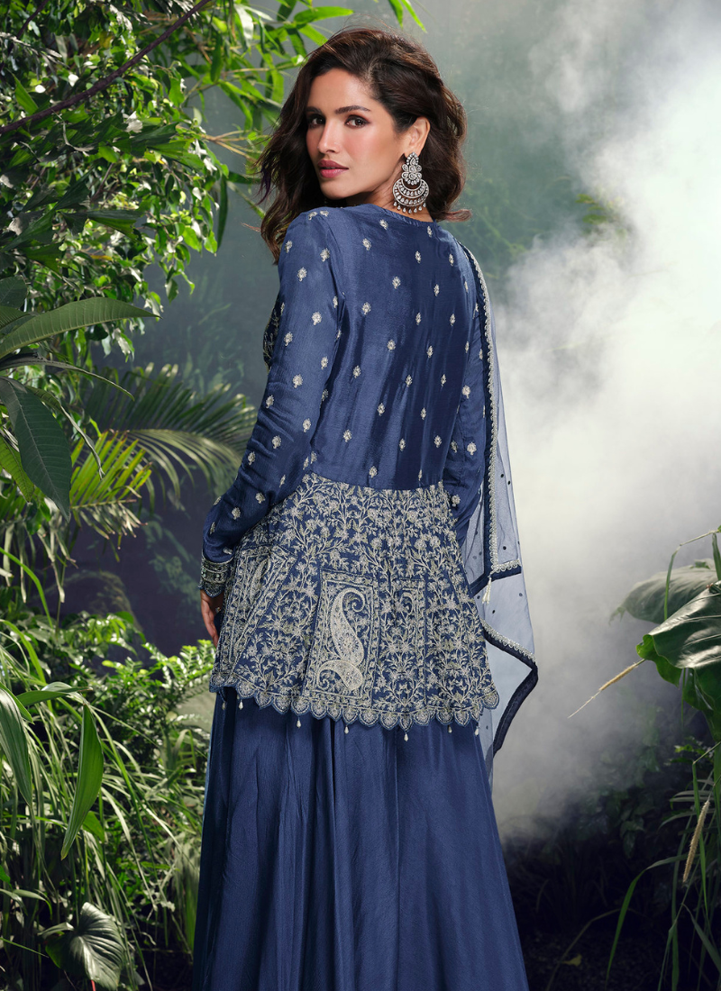 Navy Blue Chinnon Silk Sharara Suit with Dupatta for Indian and Pakistani Wedding and Festival