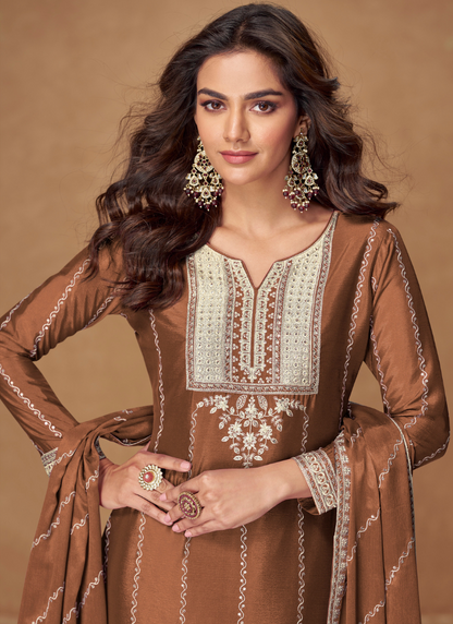 Party Wear Brown Chinon Embroidered Plazzo Suit