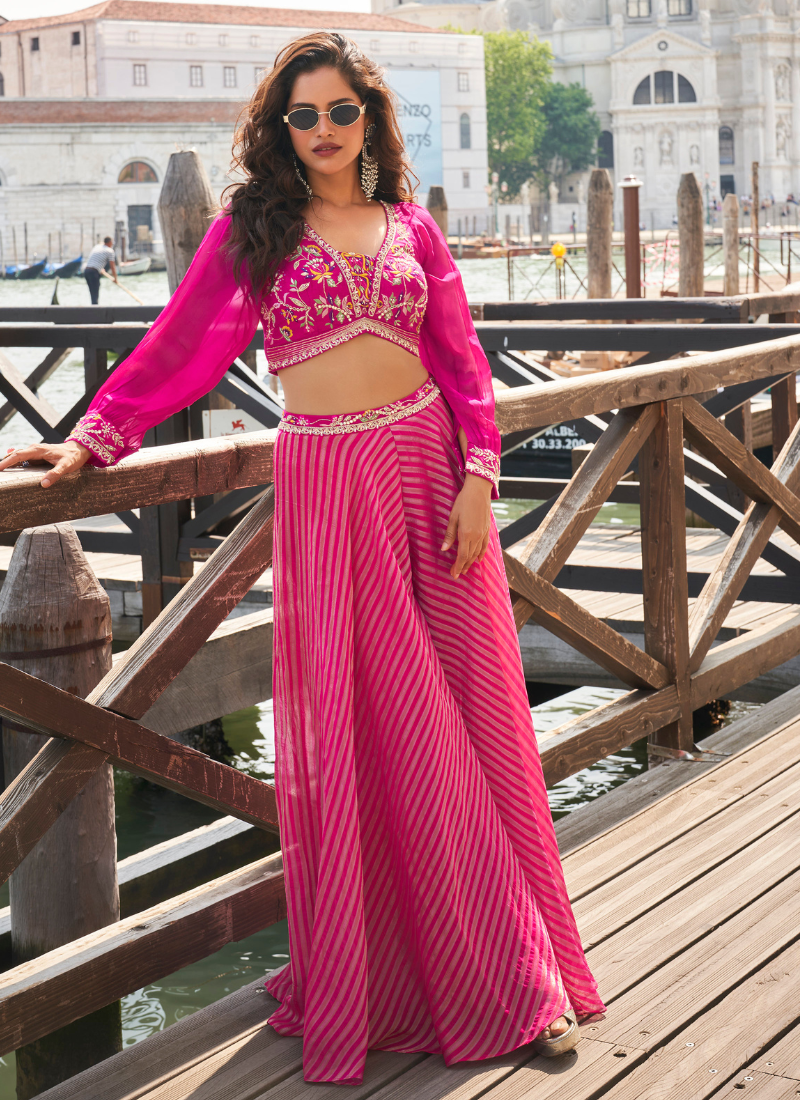 Designer Hot Pink Pure Viscose Palazzo Suit for Bridesmaids with Embroidered Blouse