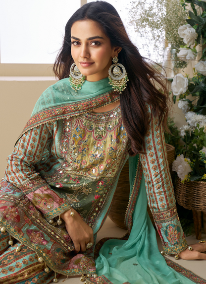 Teal Multicolor Viscose Crepe Silk Embroidered Sharara Suit with Zari & Gota Patti