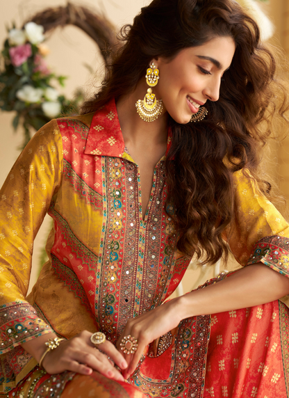 Mustard Yellow & Scarlet Red Crape Silk Printed Palazzo Set for Indian Wedding and Pakistani Festival