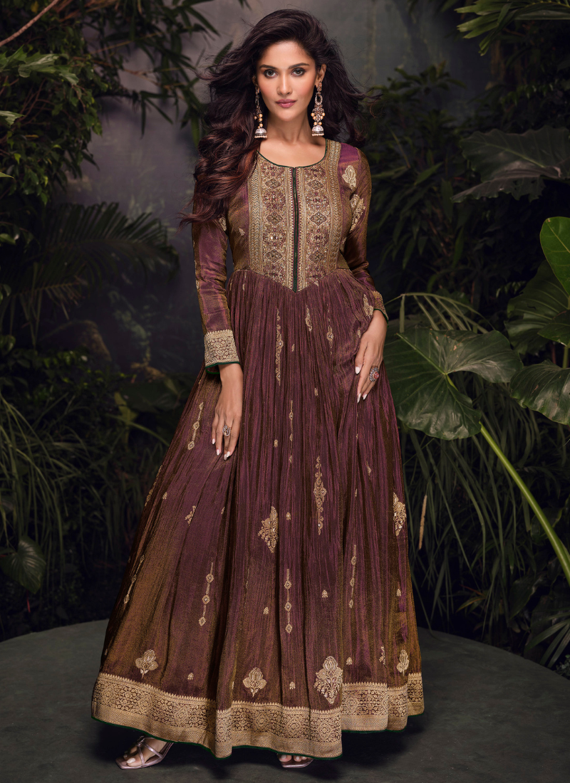 Shop online Maroon Jacquard Silk Embroidered Anarkali Gown with Dupatta 