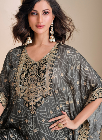 Grey and Black Viscose Silk Kaftan with Tassels for Indian Festival and Pakistani Wedding-Embroidery and Mirror Work