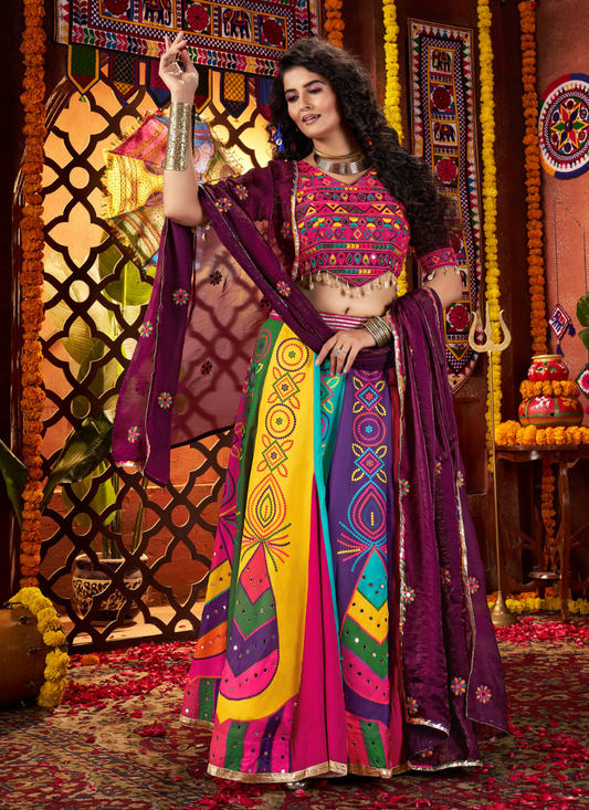 Multicolor Gajji Silk Navratri Chaniya Choli with Mirror & Handwork