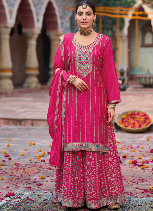 Pink Chinnon Long Sleeves Sharara Suit with Dupatta for Indian Festival and Pakistani Wedding