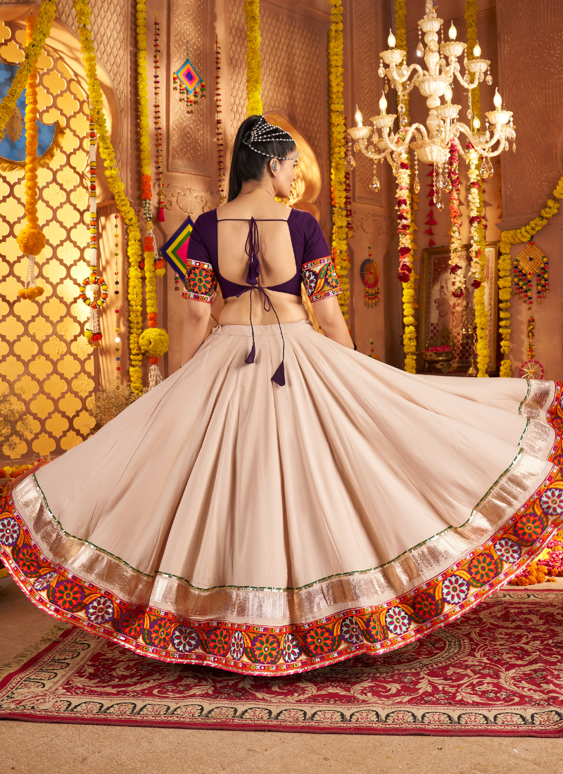 Beige Flared Chaniya Choli with Multi-Thread Embroidery & Pink Dupatta – Indian Pakistani Festival & Garba Night Wear