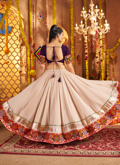Beige Flared Chaniya Choli with Multi-Thread Embroidery & Pink Dupatta – Indian Pakistani Festival & Garba Night Wear