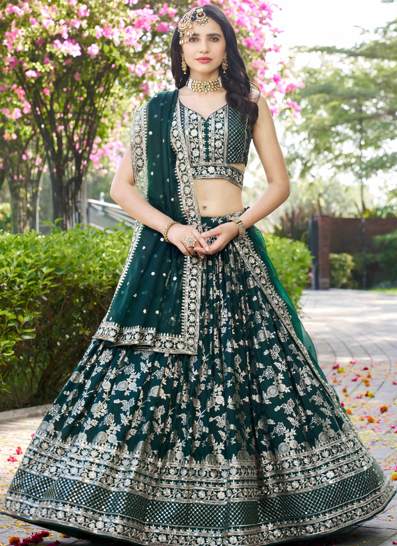 Green Dola Silk Designer Lehenga Choli with Mirror Work – Ideal for Bridesmaids & Festive Events