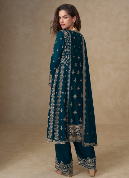 Teal Blue Chinon Silk Palazzo Suit with Dupatta for Indian and Pakistani Party Wear