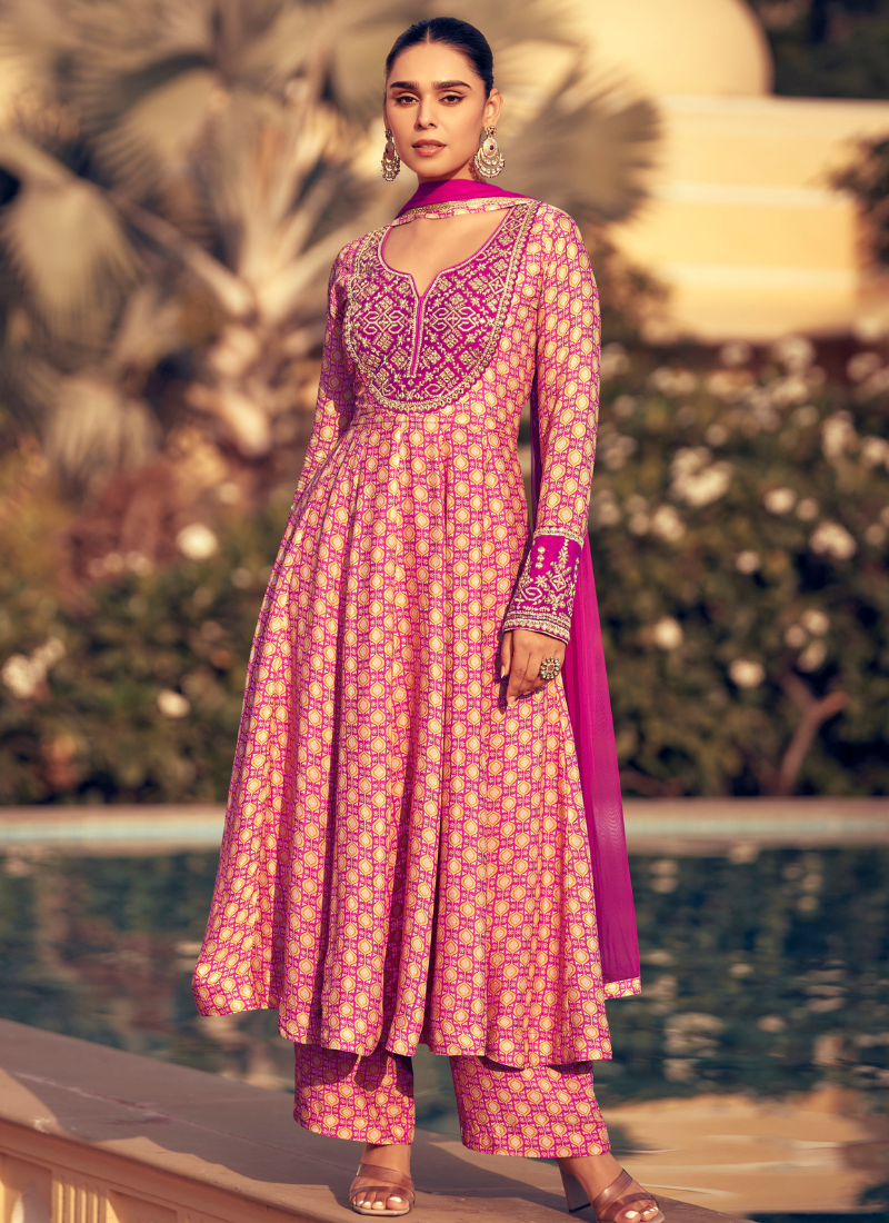 Pink Chinnon Anarkali suit with Pant and Dupatta for Indian Wedding and Pakistani Festival