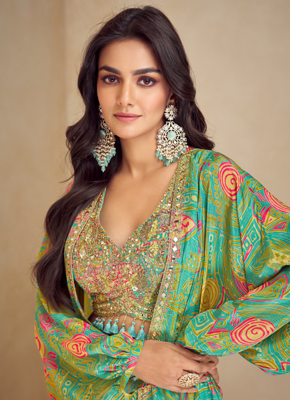 Parrot Green Chinon Silk Cape Style Palazzo Set with Designer Shrug