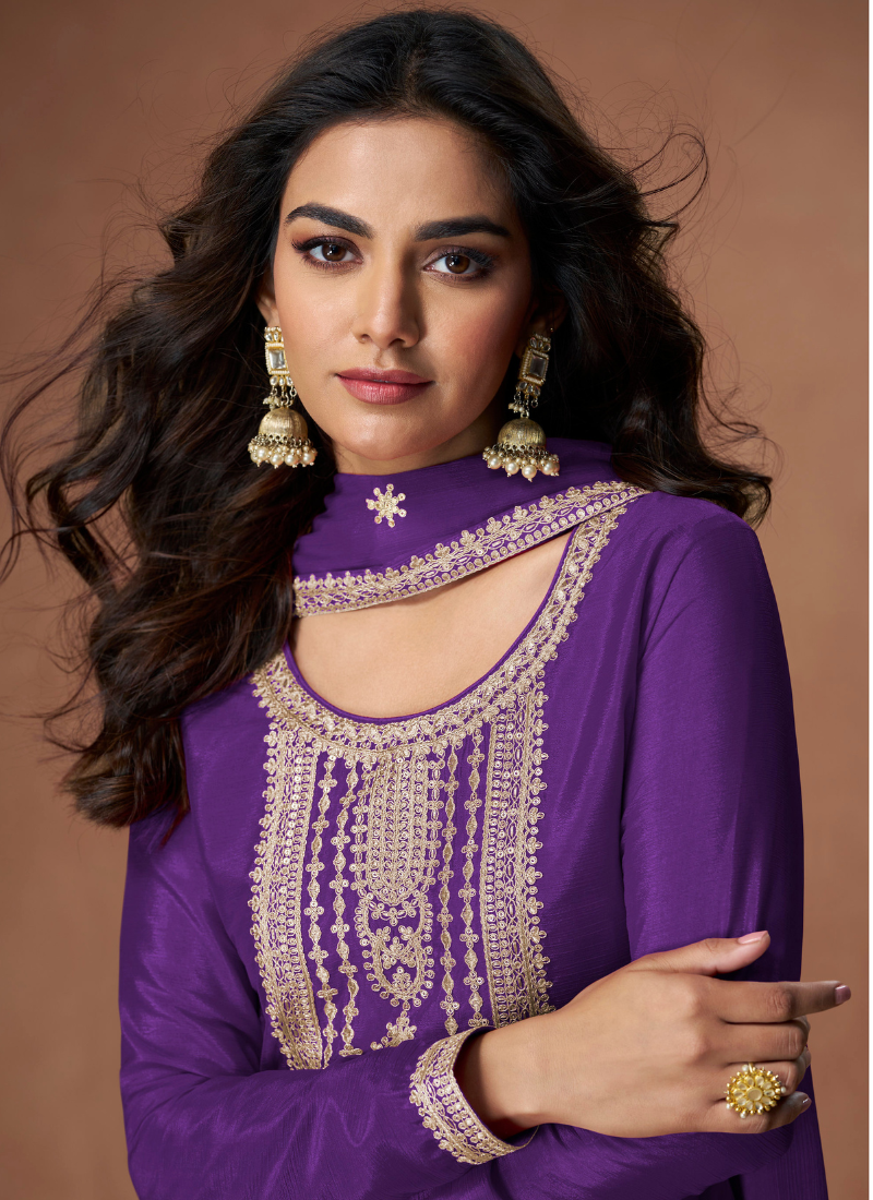 PURPLE CHINON SILK SALWAR KAMEEZ WITH DUPATTA FOR INDIAN FESTIVALS AND SPECIAL OCCASIONS
