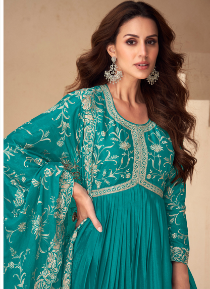 Teal Green Chinnon Silk Embroidery Anarkali Gown with Dupatta for Indian Festival and Pakistani Wedding - Thread Work