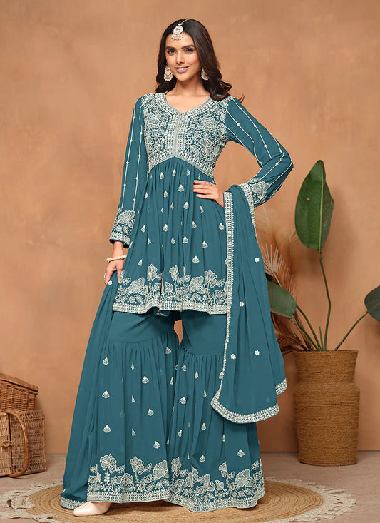 Turquoise Georgette Sharara Suit with Fine Thread Embroidery