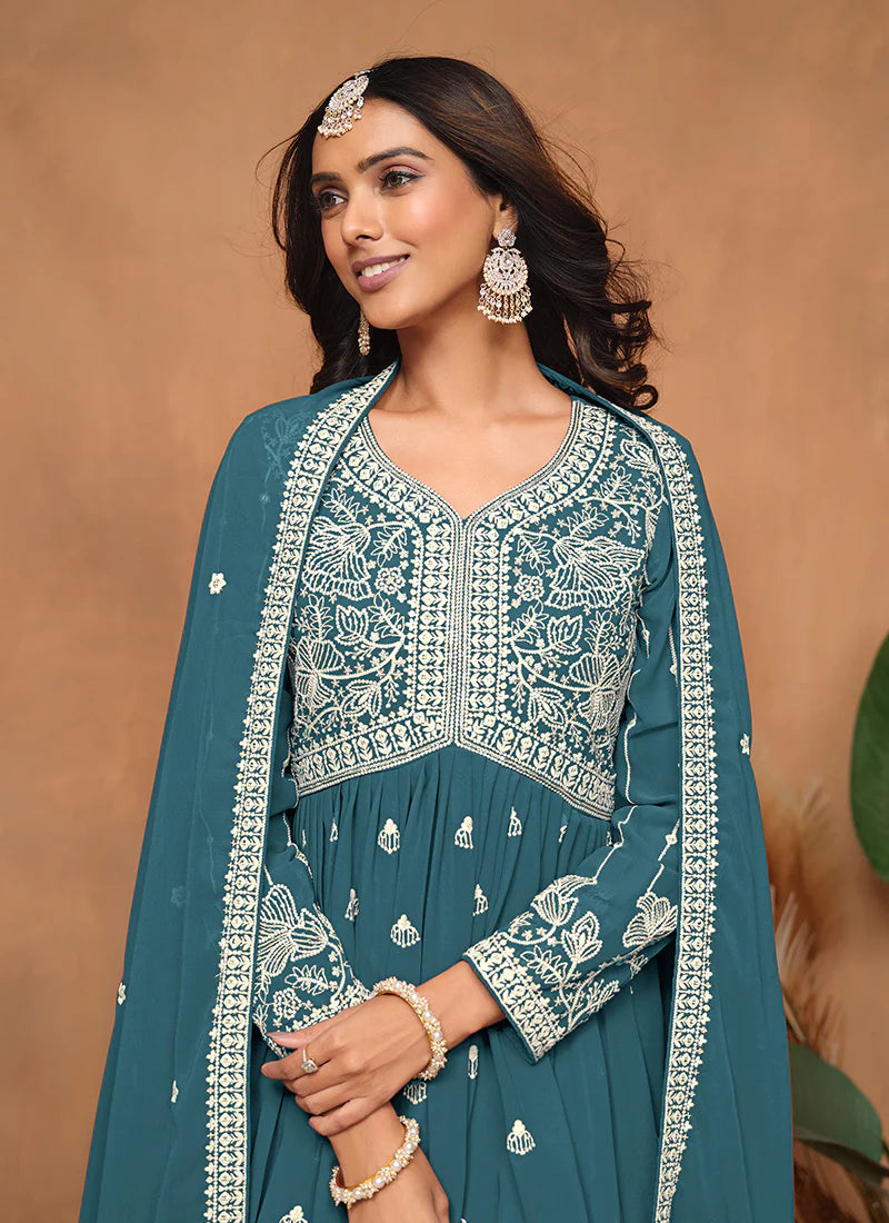 Turquoise Georgette Sharara Suit with Fine Thread Embroidery