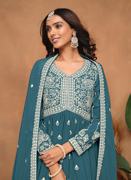 Turquoise Georgette Sharara Suit with Fine Thread Embroidery