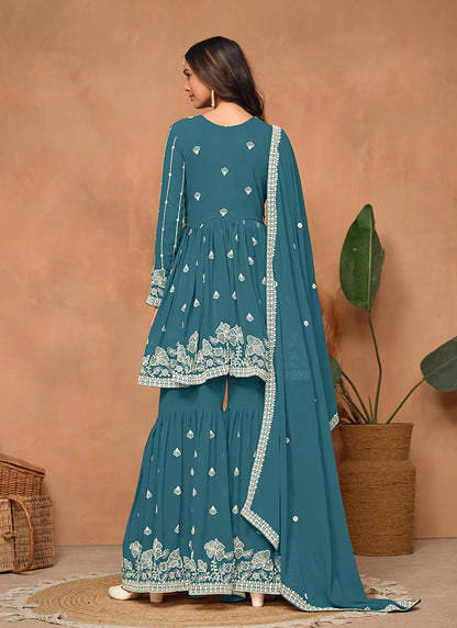 Turquoise Georgette Sharara Suit with Fine Thread Embroidery