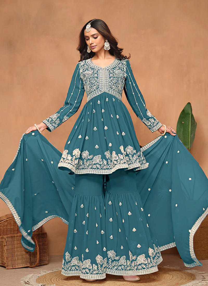 Turquoise Georgette Sharara Suit with Fine Thread Embroidery