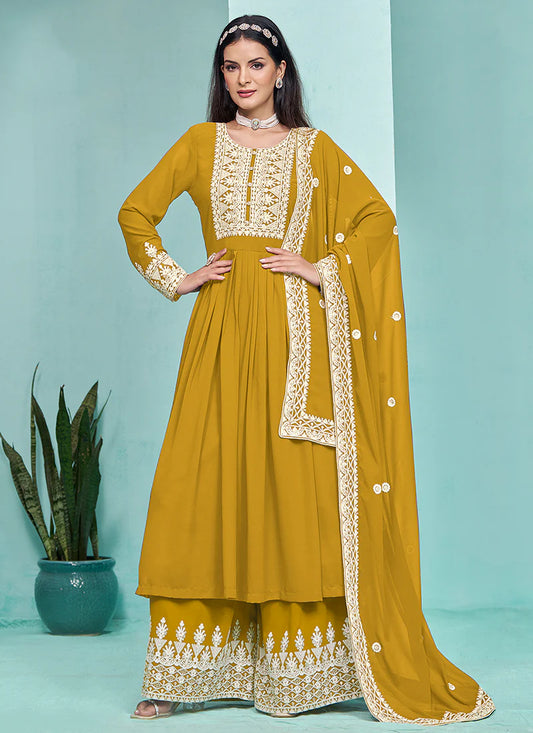 Stylish Yellow Anarkali with Thread Embroidery and Pleated Palazzo