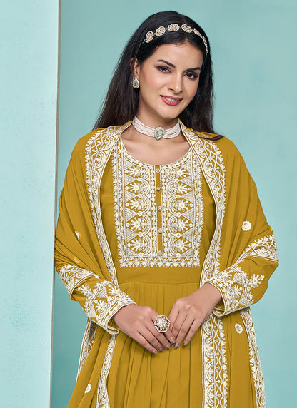 Stylish Yellow Anarkali with Thread Embroidery and Pleated Palazzo