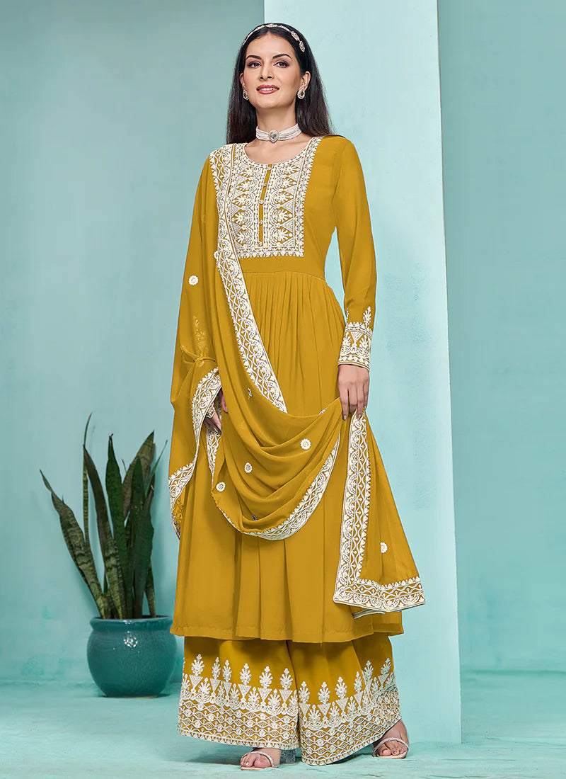 Stylish Yellow Anarkali with Thread Embroidery and Pleated Palazzo