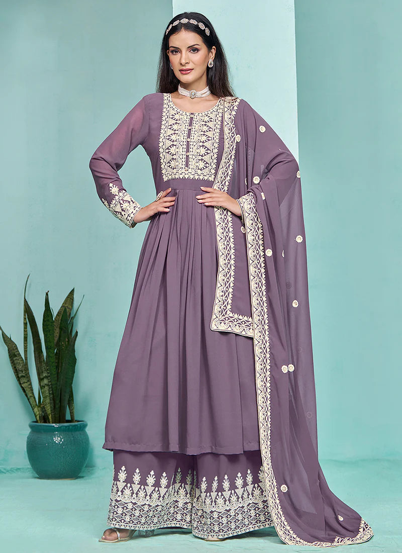 Stylish Purple Anarkali with Thread Embroidery and Pleated Palazzo