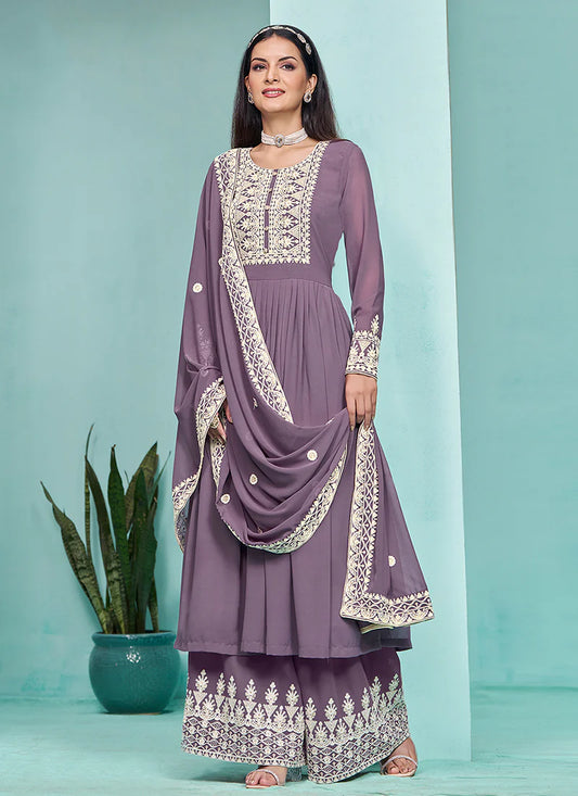 Stylish Purple Anarkali with Thread Embroidery and Pleated Palazzo