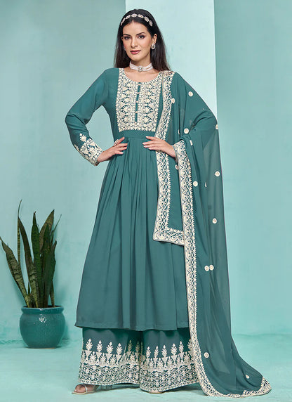 Stylish Turquoise Anarkali with Thread Embroidery and Pleated Palazzo