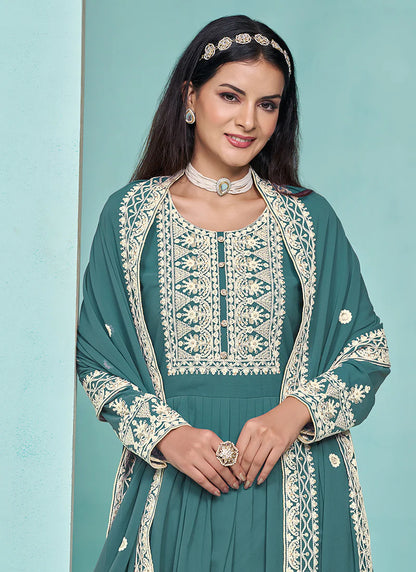 Stylish Turquoise Anarkali with Thread Embroidery and Pleated Palazzo