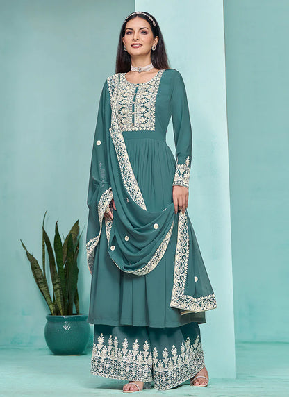 Stylish Turquoise Anarkali with Thread Embroidery and Pleated Palazzo