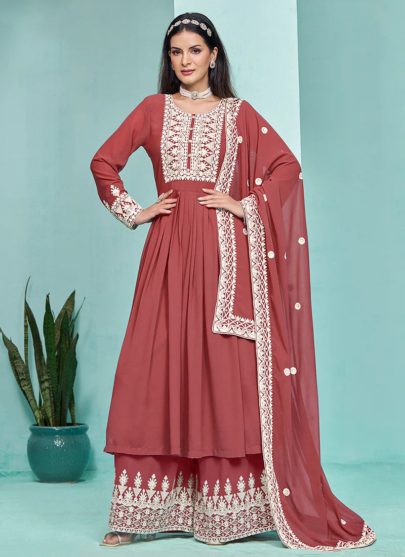 Stylish Rust Red Anarkali with Thread Embroidery and Pleated Palazzo