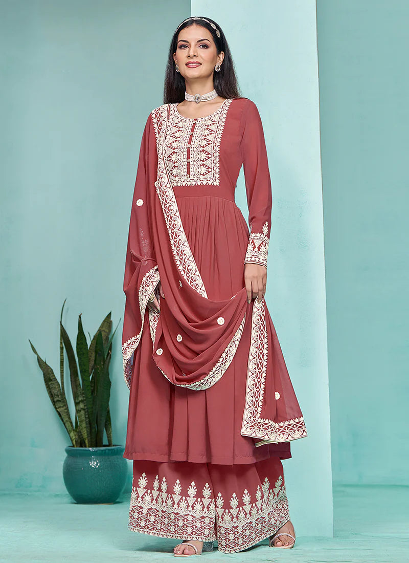 Stylish Rust Red Anarkali with Thread Embroidery and Pleated Palazzo