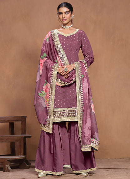 Luxury Purple Silk Gharara Suit with Embroidery