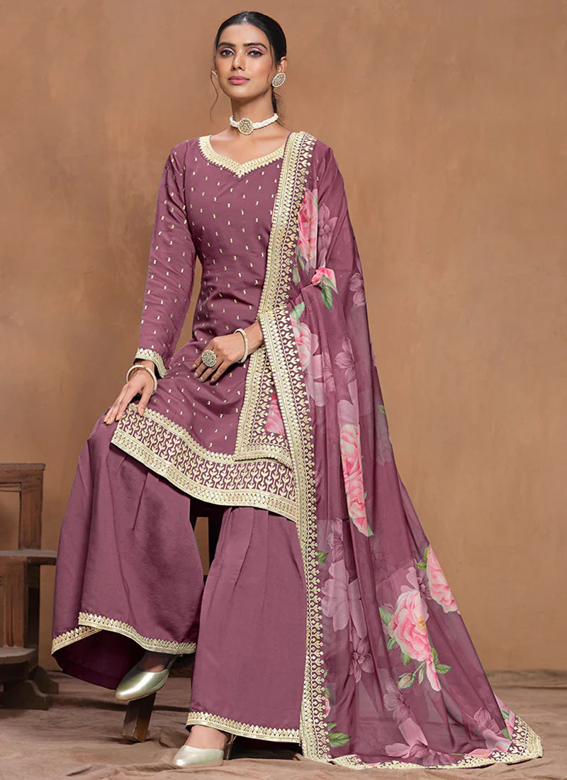 Luxury Purple Silk Gharara Suit with Embroidery