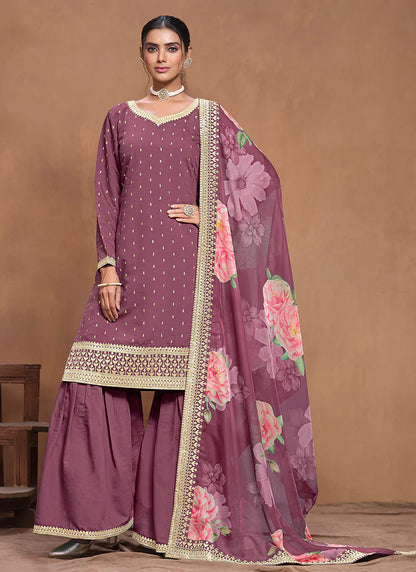 Luxury Purple Silk Gharara Suit with Embroidery