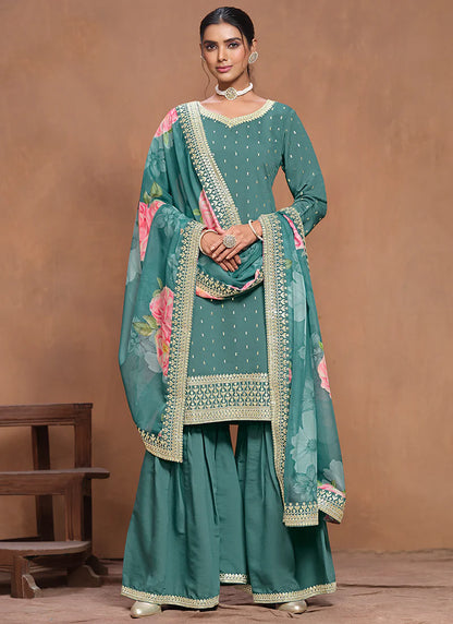 Luxury Blue Silk Gharara Suit with Embroidery