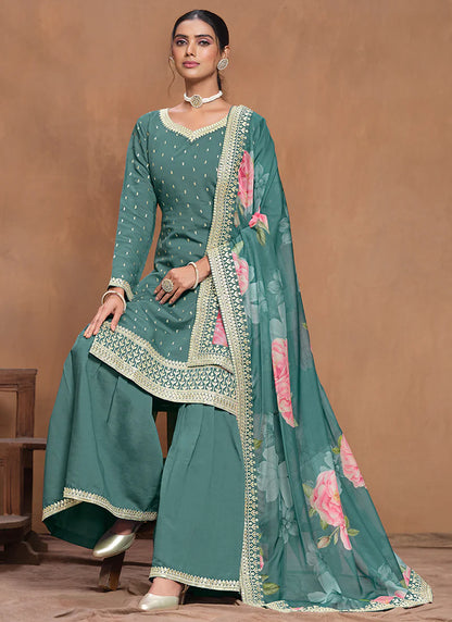 Luxury Blue Silk Gharara Suit with Embroidery