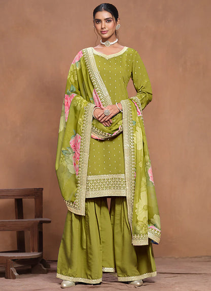 Luxury Lime Green Silk Gharara Suit with Embroidery